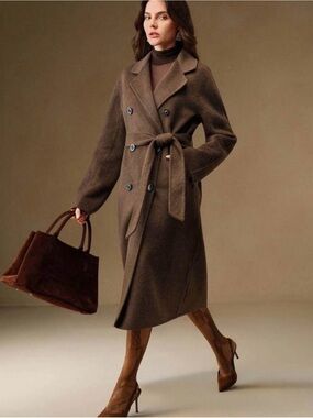NWT Wool Coat - Women’s Double-Breasted Belted Coat - Brown